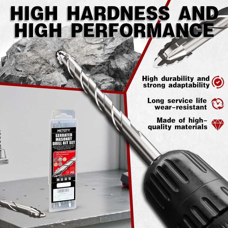 METOTO Upgraded 6in (152mm) Masonry Drill Bit Set - 5/32"(4mm)*10-Piece Serrated Carbide Bits, Professional Set for Concrete, Tile, Brick & More - Image 5